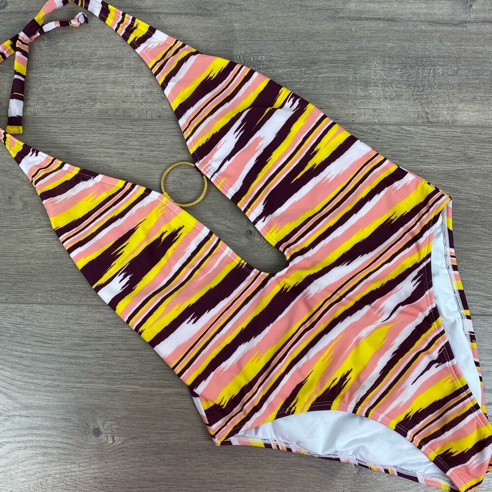 VIX by Paula Hermanny Brown&Yellow Watercolor Stripe Deep Plunge One Piece Sz.L